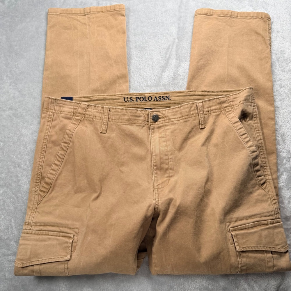 US Polo Assn Mens Tan Cargo Pants 38x32 Straight Stretch Utility Canvas Workwear